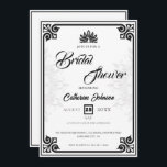 Invitation Peacock Art déco moderne Fête des mariées blanche<br><div class="desc">Inspiré par l'époque Art déco glamour. Cette invitation à la douche nuptiale est parfaite pour quelqu'un qui recherche un thème classique et élégant. Le point central est un paon magnifique, symbolisant la beauté et l'abondance. Contre un arrière - plan blanc épuré et intemporel, les accents noirs frappants créent un look...</div>