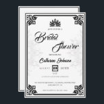 Invitation Peacock Art déco moderne Fête des mariées blanche<br><div class="desc">Inspiré par l'époque Art déco glamour. Cette invitation à la douche nuptiale est parfaite pour quelqu'un qui recherche un thème classique et élégant. Le point central est un paon magnifique, symbolisant la beauté et l'abondance. Contre un arrière - plan blanc épuré et intemporel, les accents noirs frappants créent un look...</div>