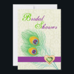 Invitation Peacock bijou coeur mariage douche nuptiale<br><div class="desc">Plumes de paon coeur de bijou mariage douche nuptiale, avec une élégante plumes paon en chaux et vert émeraude, violet et orange, une bande violette et une illustration d'un diamant de bijou coeur vert avec contour en or avec strass sur arrière - plan damassé écru ivoire. Un design moderne et...</div>