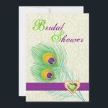 Invitation Peacock bijou coeur mariage douche nuptiale<br><div class="desc">Plumes de paon coeur de bijou mariage douche nuptiale, avec une élégante plumes paon en chaux et vert émeraude, violet et orange, une bande violette et une illustration d'un diamant de bijou coeur vert avec contour en or avec strass sur arrière - plan damassé écru ivoire. Un design moderne et...</div>