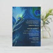 Invitation Peacock Bleu Profond Plumes Mariage moderne (Debout devant)