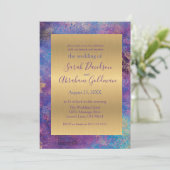 Invitation Peacock bleu violet Abstrait Mariage or (Debout devant)