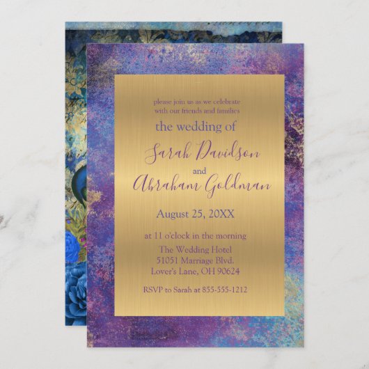 Invitation Peacock bleu violet Abstrait Mariage or (Devant / Derrière)