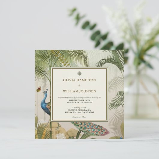 Invitation Peacock Blue Carré Tropical Peacock Palm Mariage (Debout devant)