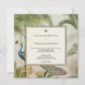 Invitation Peacock Blue Carré Tropical Peacock Palm Mariage (Devant)