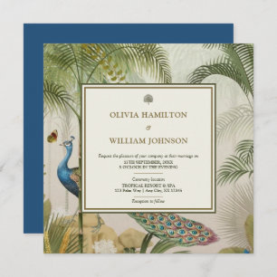 Invitation Peacock Blue Carré Tropical Peacock Palm Mariage