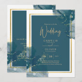 Invitation Peacock Blue Gold Alcohol ENK Chic Wedding Invitat (Devant / Derrière)