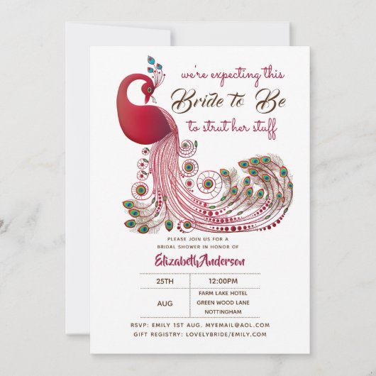 Invitation Peacock Bride 2 Be Struts Her Stuff Fête des marié (Devant)