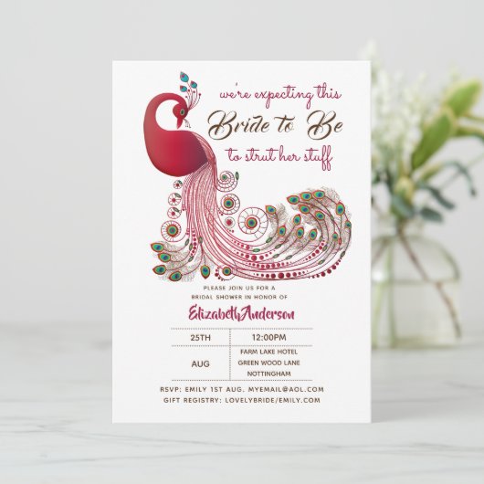 Invitation Peacock Bride 2 Be Struts Her Stuff Fête des marié (Debout devant)