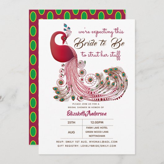 Invitation Peacock Bride 2 Be Struts Her Stuff Fête des marié (Devant / Derrière)