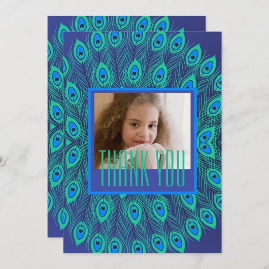 INVITATION PEACOCK FEATHER DÉCORATIVE RÉPÉTER MOTIF BLEU (Devant / Derrière)