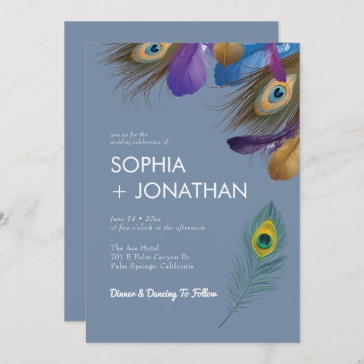 Invitation Peacock Feather Dusty Blue Mariage moderne chic (Devant / Derrière)
