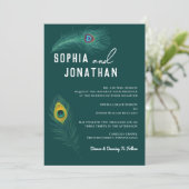 Invitation Peacock Feather Emerald Green Mariage moderne chic (Debout devant)