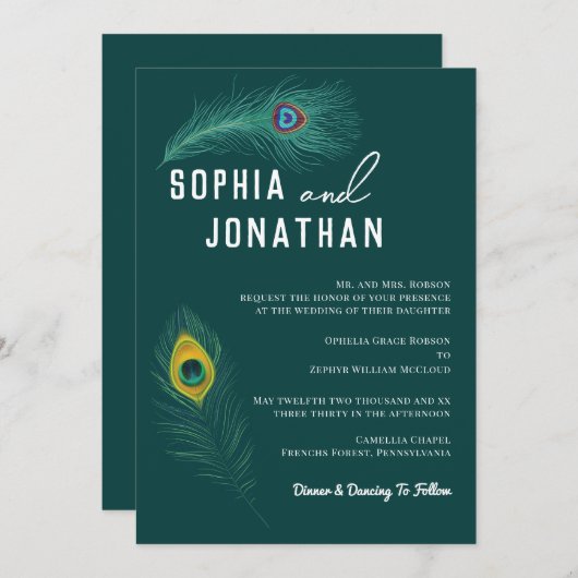 Invitation Peacock Feather Emerald Green Mariage moderne chic (Devant / Derrière)