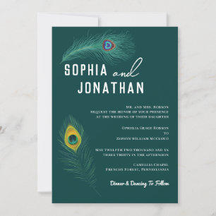 Invitation Peacock Feather Emerald Green Mariage moderne chic