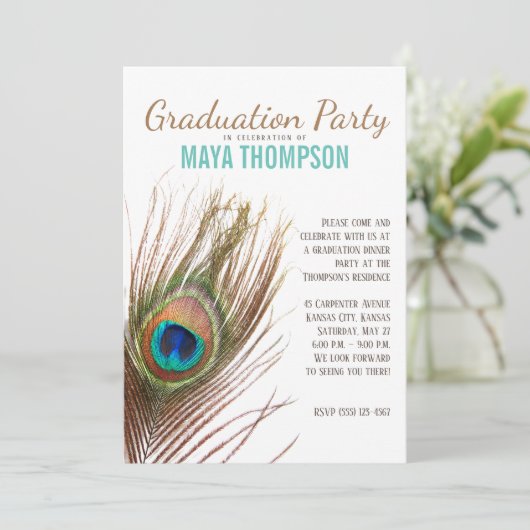 Invitation Peacock Feather Graduation (Debout devant)