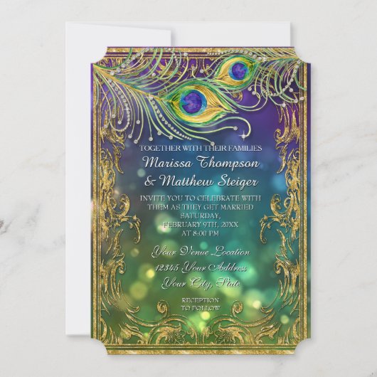 Invitation Peacock Feather Mariage Antique Vintage Mask Bokeh (Devant)