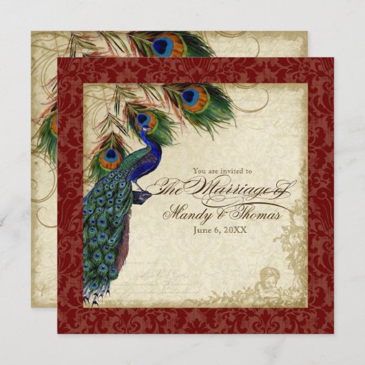 Invitation Peacock & Feather Mariage formel Inviter la Bourgo (Devant / Derrière)