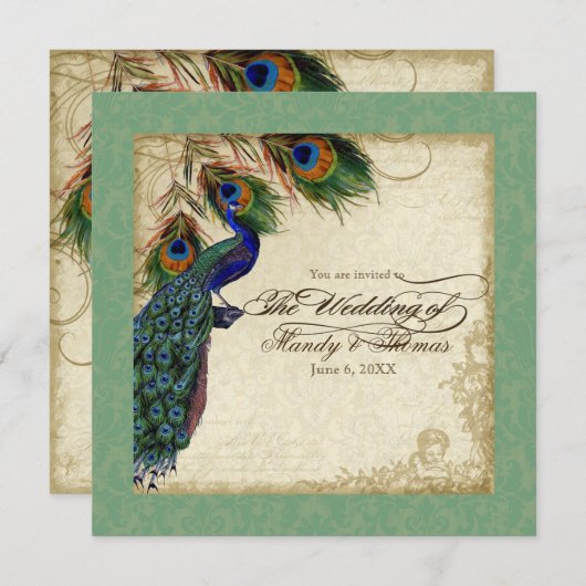 Invitation Peacock & Feather Mariage formel Inviter Vert (Devant / Derrière)