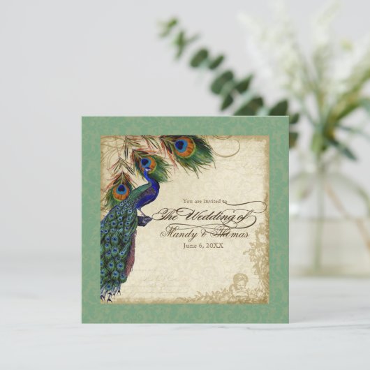 Invitation Peacock & Feather Mariage formel Inviter Vert (Debout devant)