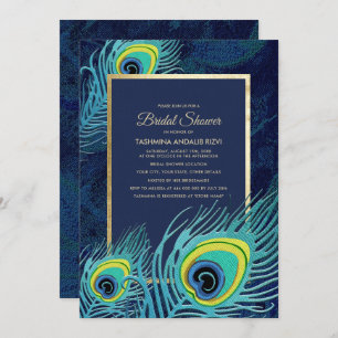 Invitation Peacock Feather Marine Blue Gold Fête des mariées