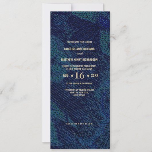Invitation Peacock Feather Marine Blue Turquoise Gold Mariage (Dos)