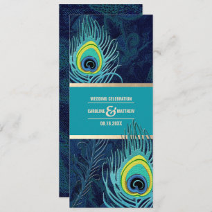 Invitation Peacock Feather Marine Blue Turquoise Gold Mariage