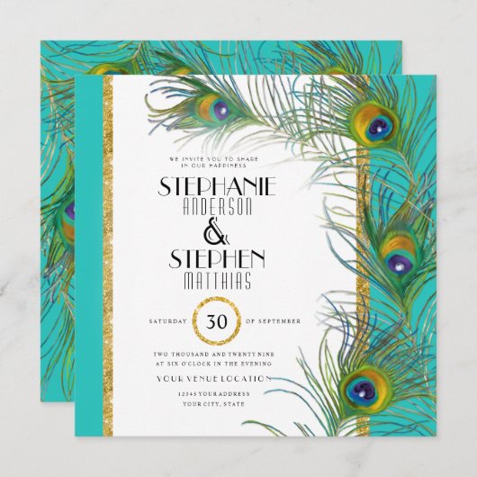 Invitation Peacock Feather Moderne Art Déco Typographie Maria (Devant / Derrière)