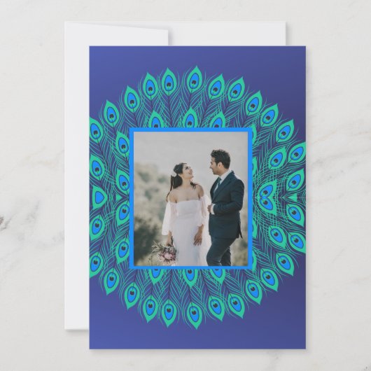 INVITATION PEACOCK FEATHER MOTIF PATTERNEL BLEU VERT (Devant)