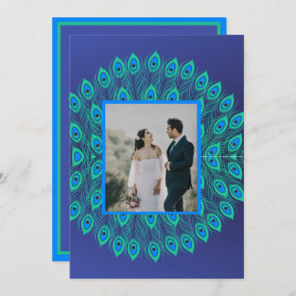 INVITATION PEACOCK FEATHER MOTIF PATTERNEL BLEU VERT