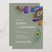Invitation Peacock Feather Sage Vert Mariage Moderne Chic (Devant / Derrière)