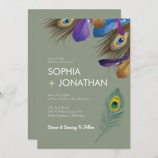 Invitation Peacock Feather Sage Vert Mariage Moderne Chic (Devant / Derrière)