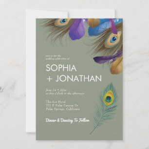 Invitation Peacock Feather Sage Vert Mariage Moderne Chic