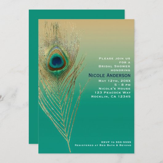 Invitation Peacock Feather Sand et Turquoise Boho Glam Invita (Devant / Derrière)