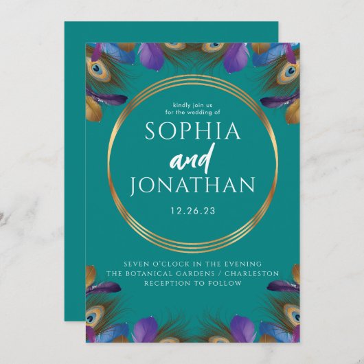 Invitation Peacock Feather Turquoise Vert Mariage Moderne Chi (Devant / Derrière)