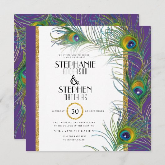 Invitation Peacock Feather Typographie moderne Mariages indie (Devant / Derrière)