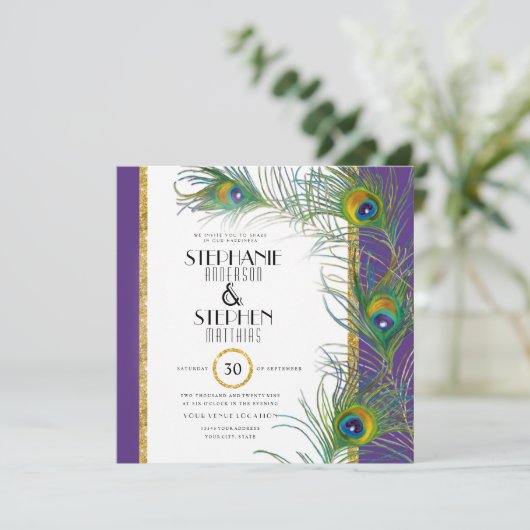 Invitation Peacock Feather Typographie moderne Mariages indie (Debout devant)