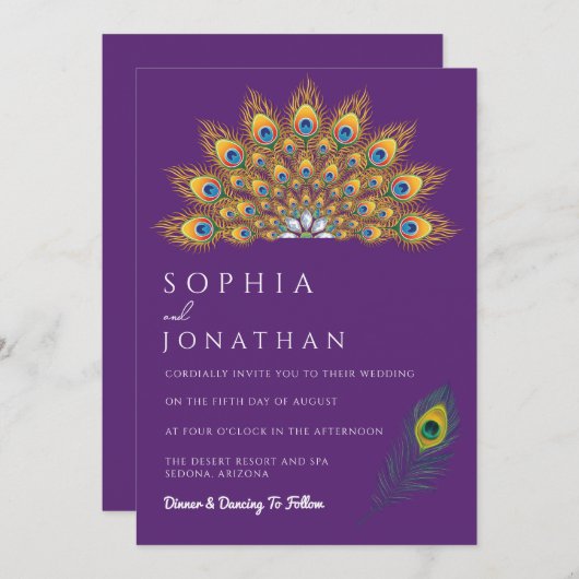 Invitation Peacock Feather violet Mariage moderne chic (Devant / Derrière)