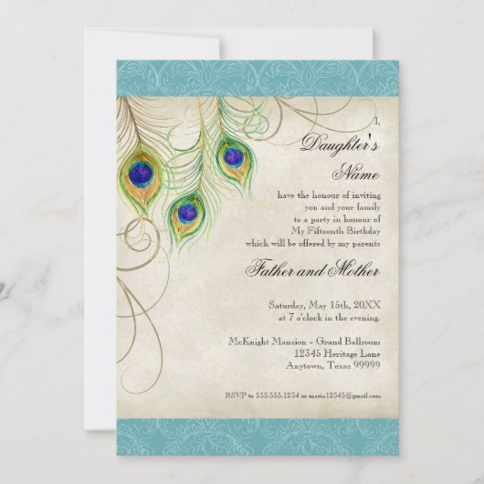 Invitation Peacock Feathers Aqua Damask Quinceanera (Devant)