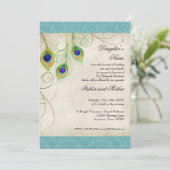 Invitation Peacock Feathers Aqua Damask Quinceanera (Debout devant)