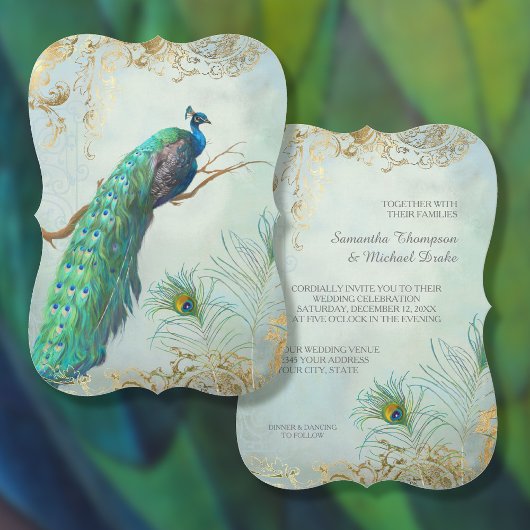 Invitation Peacock Feathers Elégant Aqua Blue Gold Mariage