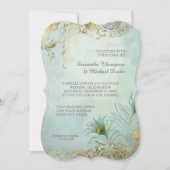 Invitation Peacock Feathers Elégant Aqua Blue Gold Mariage (Devant)