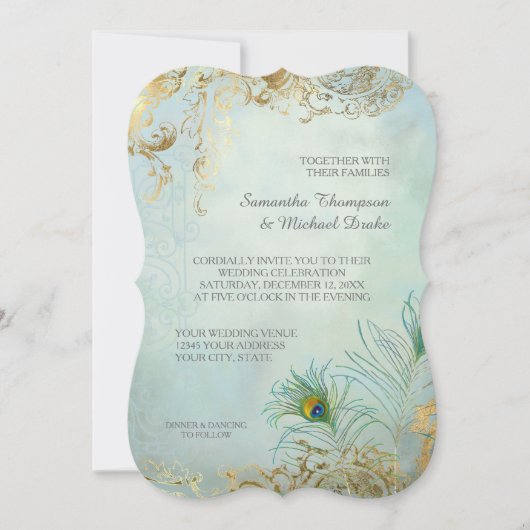 Invitation Peacock Feathers Elégant Aqua Blue Gold Mariage (Devant)