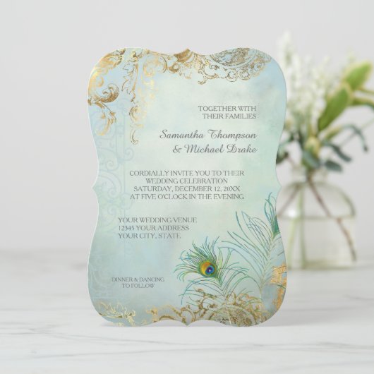 Invitation Peacock Feathers Elégant Aqua Blue Gold Mariage (Debout devant)
