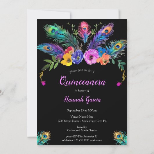 Invitation Peacock Feathers & Fleurs Black Quinceañera (Devant)