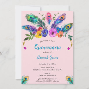 Invitation Peacock Feathers & Fleurs Blush Pink Quinceañera
