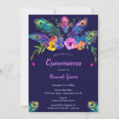 Invitation Peacock Feathers & Fleurs pourpre Quinceañera (Devant)