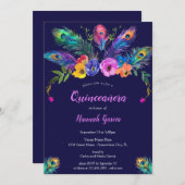 Invitation Peacock Feathers & Fleurs pourpre Quinceañera (Devant / Derrière)