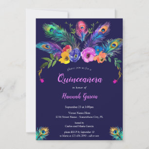 Invitation Peacock Feathers & Fleurs pourpre Quinceañera