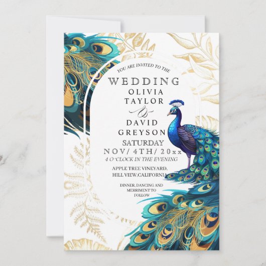 Invitation Peacock Feathers Flora Mariage (Devant)